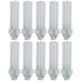 Multiple compact fluorescent light bulbs arranged in rows on a white background.