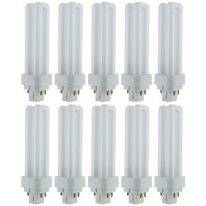 Multiple compact fluorescent light bulbs arranged in rows on a white background.