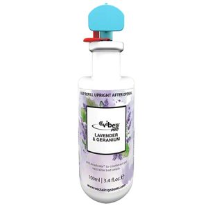 A bottle of Wipey Lavender & Geranium air freshener with a blue spray nozzle.