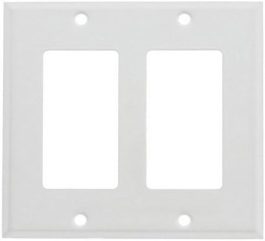 Double-gang white wall plate for electrical switches or outlets on a white background.