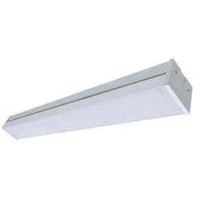 White rectangular fluorescent ceiling light fixture against a white background.