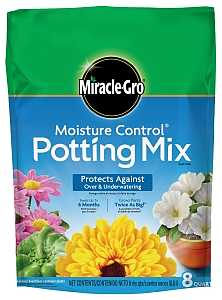 Bag of Miracle-Gro Moisture Control Potting Mix with colorful flowers displayed on the front.