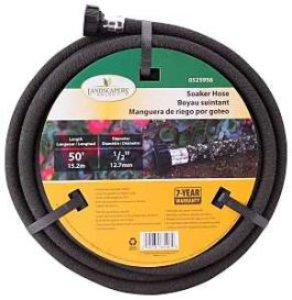 Packaged 50-foot soaker hose for gardening on a retail label.