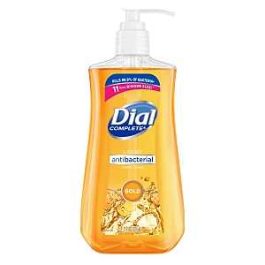 A bottle of Dial antibacterial hand soap with a pump dispenser.