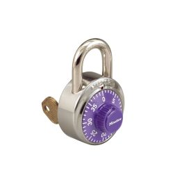 A silver combination padlock with a purple dial and the keyhole on the side.