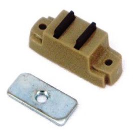 A brown plastic electrical component beside a metal mounting bracket.