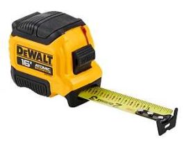A DeWalt 16' tape measure extended with a yellow and black case on a white background.
