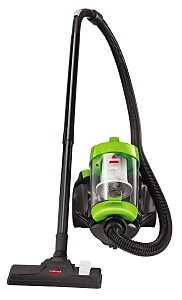 Upright bagless vacuum cleaner with a black hose and green accents.