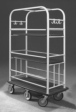 A monochrome image of an empty metal utility cart with wheels and three shelves.