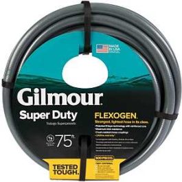 A coiled Gilmour Super Duty Flexogen garden hose with packaging label, 75 feet long.