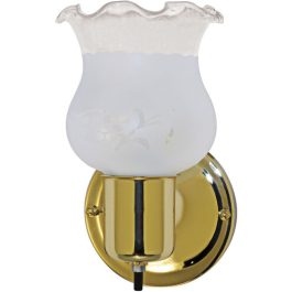 Wall-mounted sconce with a gold base and frosted glass shade.