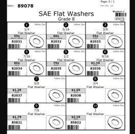 Catalog page showing a selection of SAE flat washers in various sizes with prices and item codes.