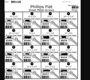 Chart illustrating various sizes of Phillips flat head sheet metal screws with product codes.
