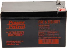 Sealed lead-acid battery for fire and security systems, labeled Power Patrol by Interstate Batteries.