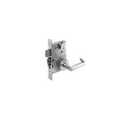 A metal door latch mechanism isolated on a white background.