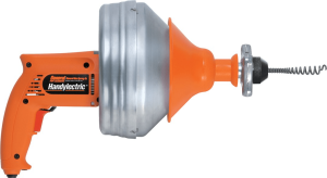 An orange handheld electric drain cleaner with a silver spiral snake attached.