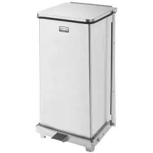Stainless steel upright waste bin with foot pedal.