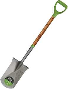 Garden shovel with a green handle and a steel blade on a white background.