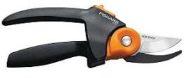 Gardening pruners with black handles and orange accents on a white background.