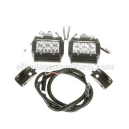 Two LED work lights with mounting brackets and wiring harness.