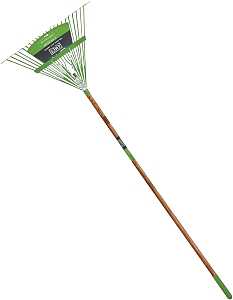 A garden rake with a green and white fan-shaped head and a wooden handle.