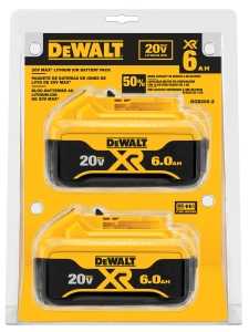 Packaged DeWalt 20V 6Ah batteries on a retail display card.