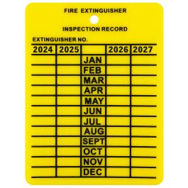 Yellow fire extinguisher inspection tag with yearly checkboxes for 2024 to 2027.