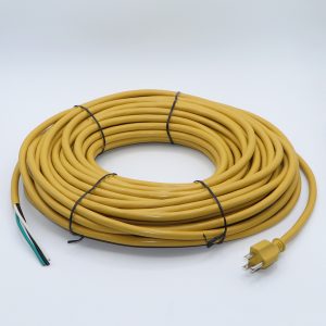 Coiled yellow extension cord with a three-prong plug on a white background.