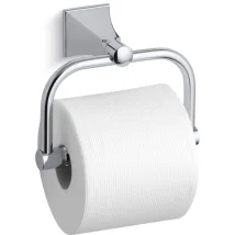 A wall-mounted toilet paper holder with a roll of white toilet paper.