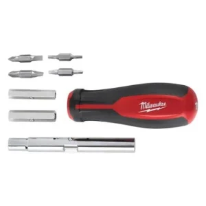 A Milwaukee multi-bit screwdriver set with interchangeable tips on a white background.