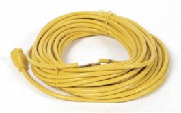A coiled yellow extension cord on a white background.