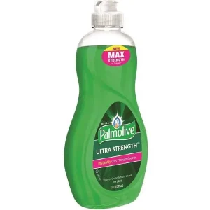A bottle of Palmolive Ultra Strength dish soap against a white background.