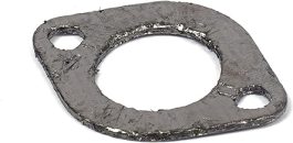 Worn-out metallic gasket with two bolt holes on a white background.