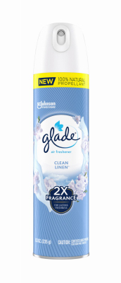 A Glade air freshener can with 'Clean Linen' scent and '2X fragrance' label.