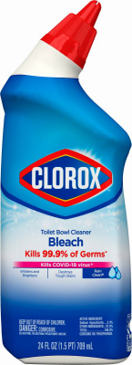 Bottle of Clorox toilet bowl cleaner with bleach, claiming to kill 99.9% of germs.