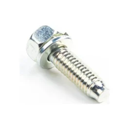 Close-up of a shiny metal bolt with a hexagonal nut on a white background.