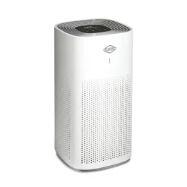 A white portable air purifier with a top control panel against a white background.