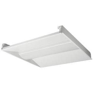 Modern white LED panel light fixture mounted on a ceiling.