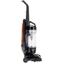 Upright bagless vacuum cleaner with black and orange accents.