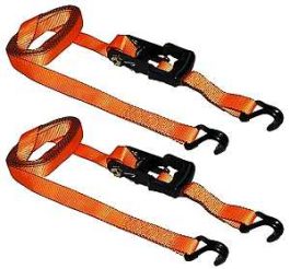 Two orange tie-down ratchet straps with black metal hooks on a white background.