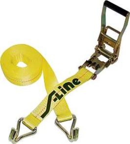 Yellow ratchet strap with two hooks and a rolled-up section.