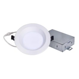 Round LED recessed ceiling light with power box on white background.