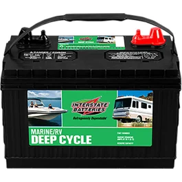 Interstate deep cycle marine/RV battery with product labels and handle.