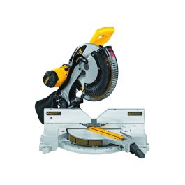 Yellow and black compound miter saw on white background.