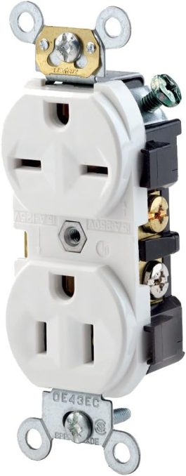 A white duplex electrical outlet with visible screws and wiring terminals.