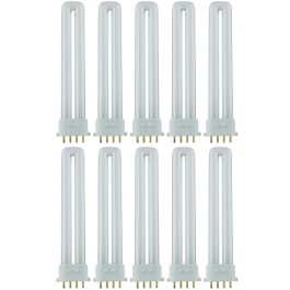 Ten compact fluorescent lamp bulbs arranged in rows on a white background.