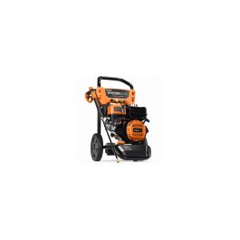 Orange pressure washer on wheels with an electric start feature, isolated on a white background.