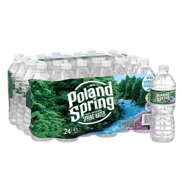 Pack of 24 Poland Spring natural spring water bottles.