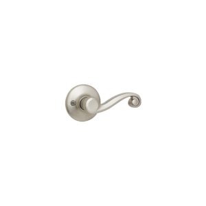 Satin nickel door lever handle on a white background.