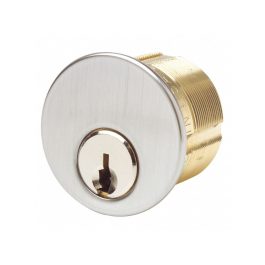 A single-sided keyhole of a cylindrical door lock isolated on a white background.